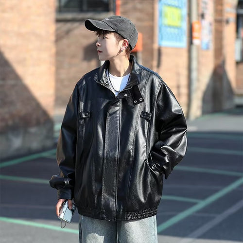 Herren Oversized Kunstlederjacke im Bomberstil mit Stehkragen und elastischem Saum Shop Nory