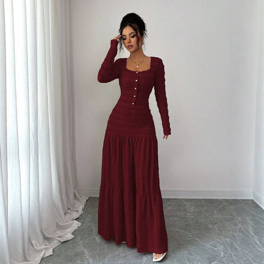 Damen Figurbetontes strukturiertes Maxikleid mit quadratischem Ausschnitt und Knopfleiste Shop Nory