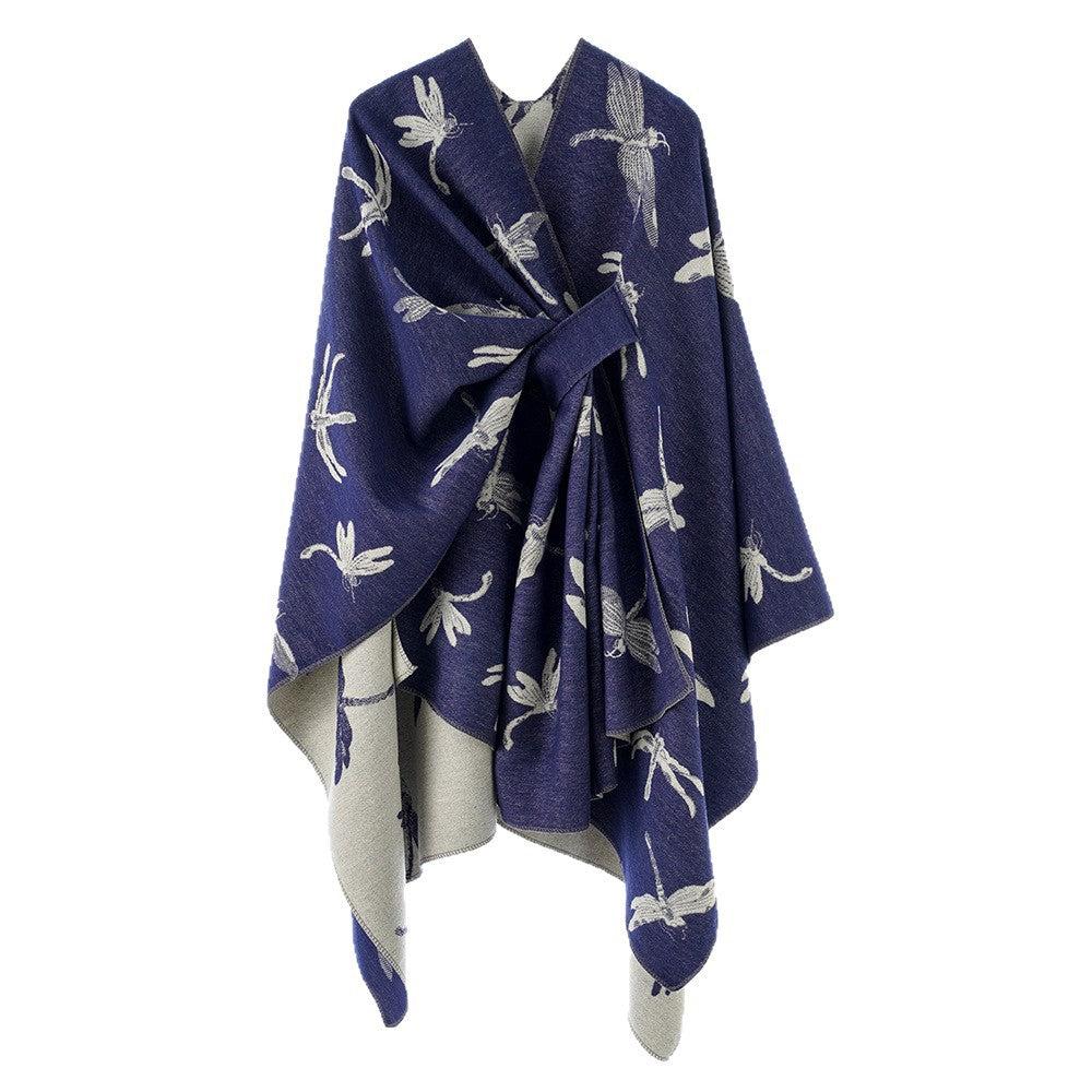Damen Kaschmirähnlicher Jacquard‑Cape mit Libellen‑Motiv und Bindegürtel Shop Nory