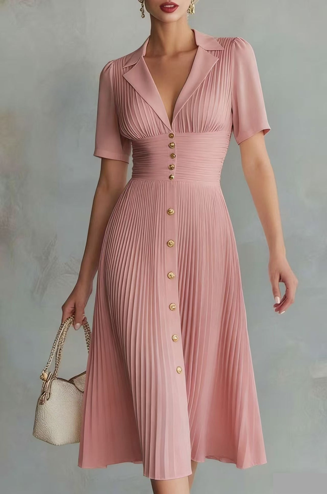 Damen Plissiertes Midikleid mit Reverskragen, tailliertem Raffung-Bund und Zierknöpfen Shop Nory