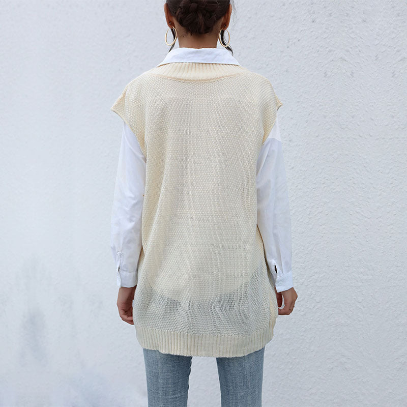 Damen Langer Strickpullunder mit Zopfmuster und V‑Ausschnitt Shop Nory