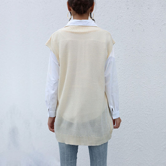 Damen Langer Strickpullunder mit Zopfmuster und V‑Ausschnitt Shop Nory