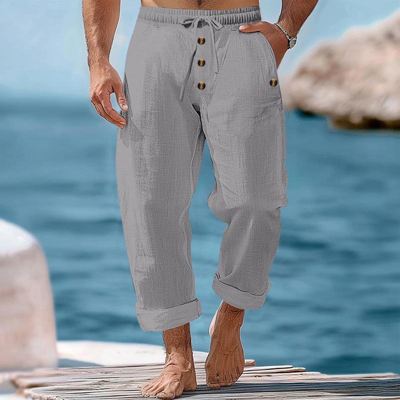 Herren nan lockere Leinen-Baumwoll-Hose mit elastischem Bund, Kordelzug und aufgekrempeltem Saum