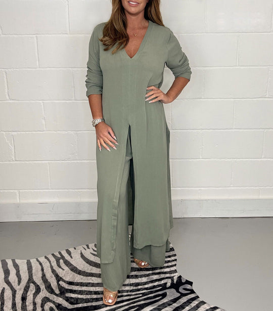 Damen Langes V‑Ausschnitt Tunika‑Kleid mit Frontschlitz und weiter Palazzohose Shop Nory