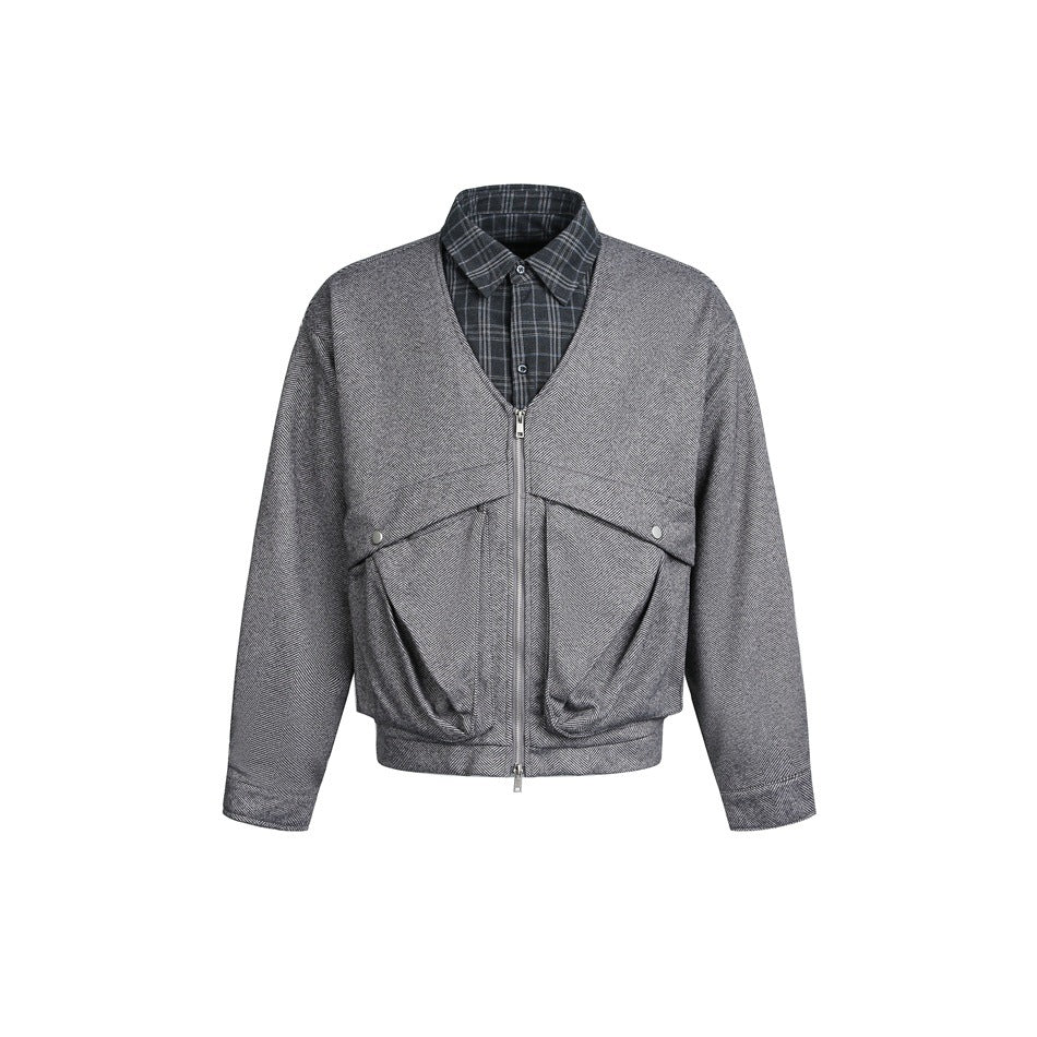 Herren Kurz geschnittene Lagen‑Bomberjacke mit V‑Ausschnitt und aufgesetzten Klappentaschen Shop Nory