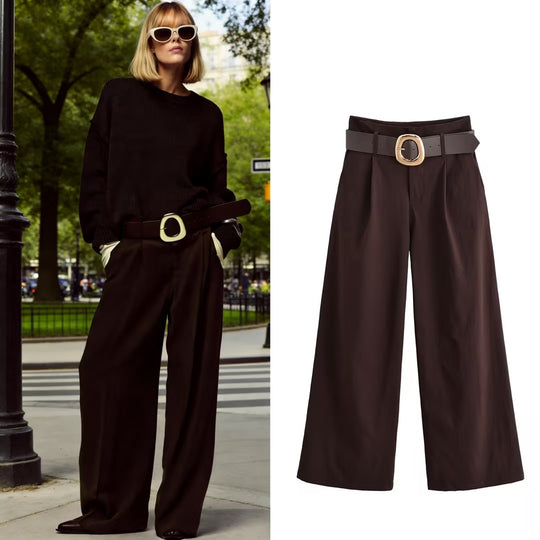 Damen hochtaillierte Culotte-Hose mit weitem Bein, Bundfalten und Statement-Gürtel Shop Nory