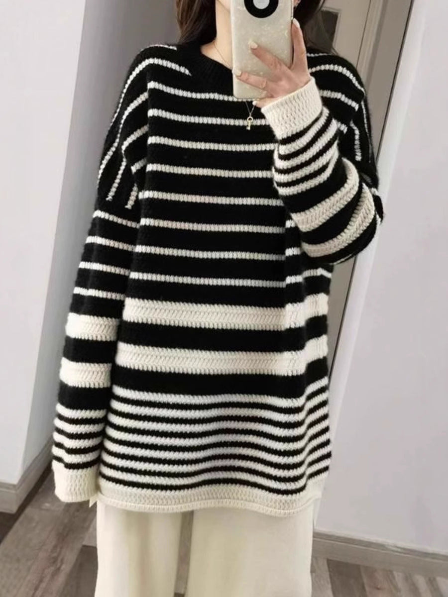 Damen Oversize-Longpullover aus grobem Streifenstrick mit Rundhalsausschnitt Shop Nory