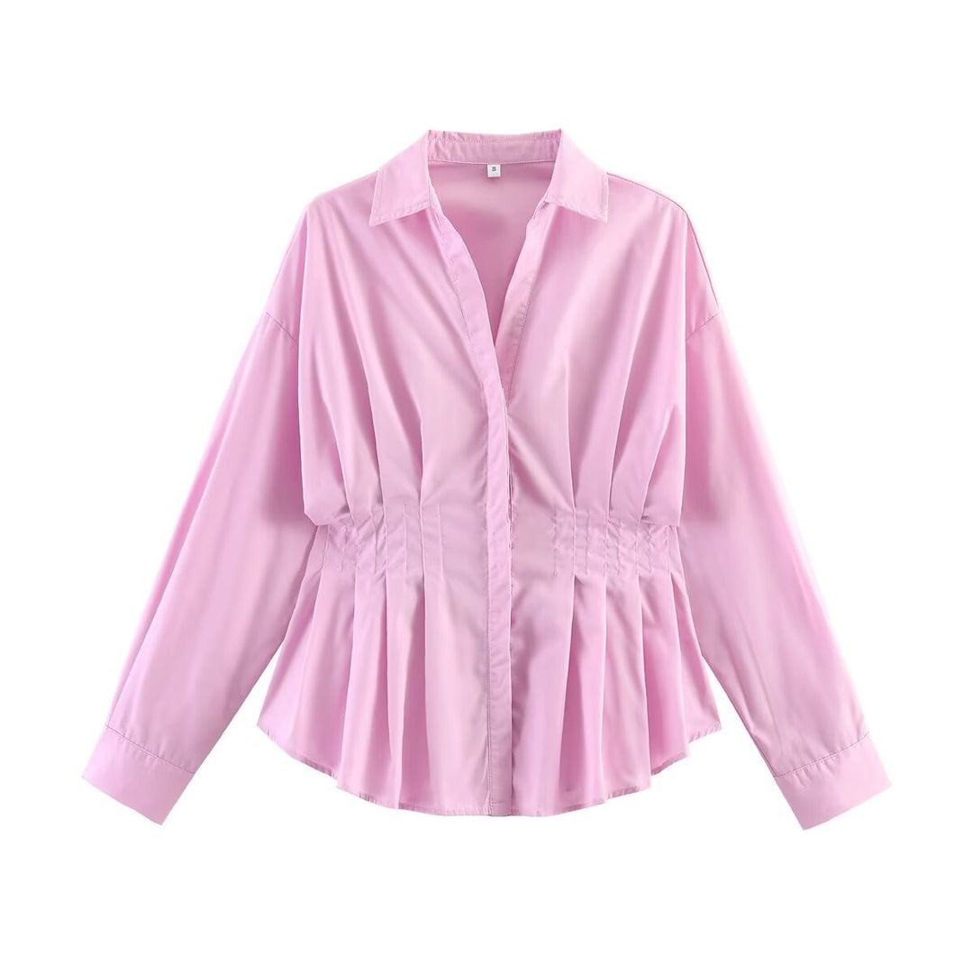 Damen Taillierte Bluse mit Kellerfalten, Eingearbeitetem Tunnelzug und Hemdkragen Shop Nory