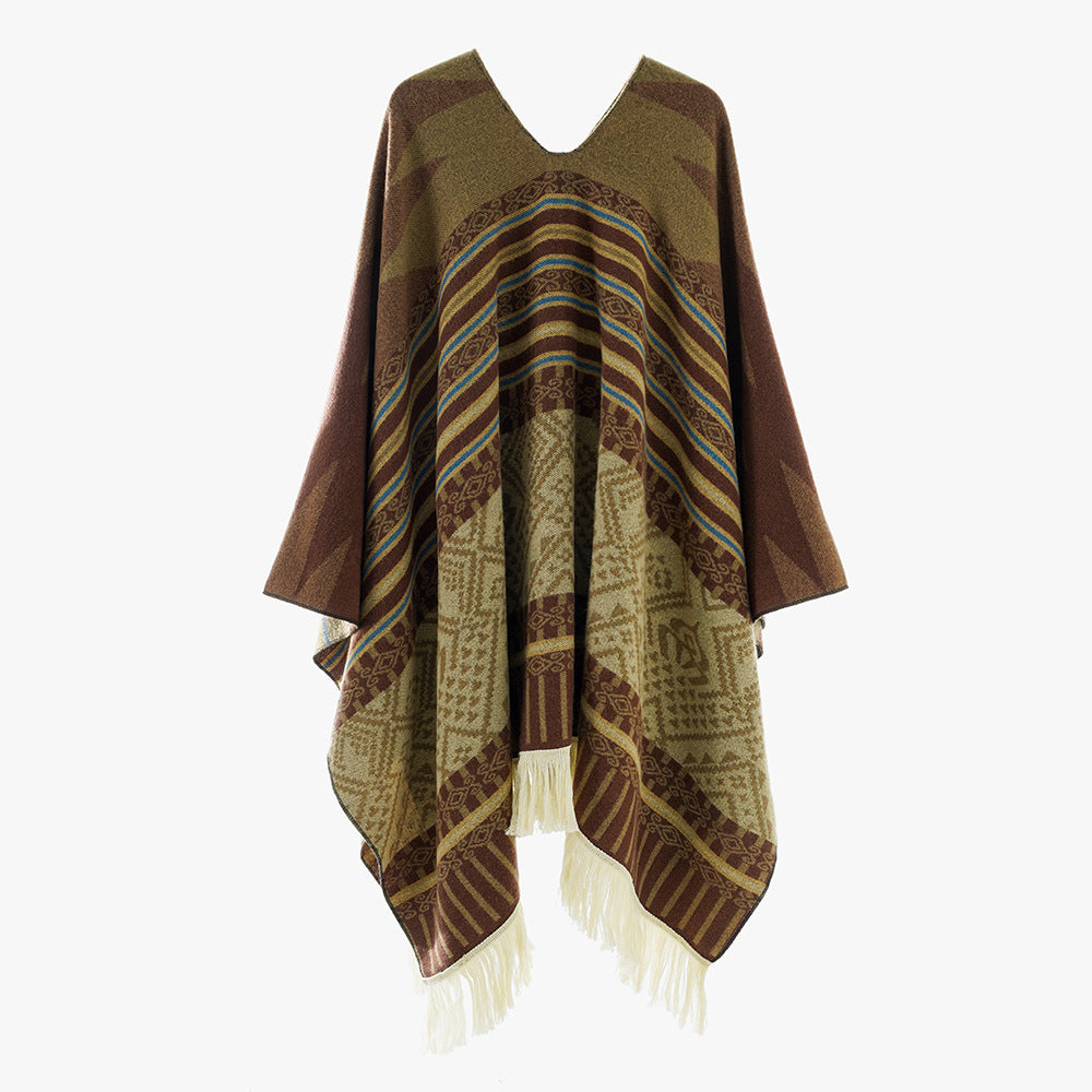 Damen Leichter Jacquard-Poncho mit Ethno-Motiv und Fransensaum Shop Nory