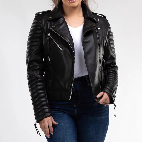 Damen Modische Lederbikerjacke mit Steppdetails