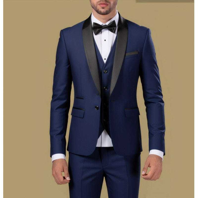 Herren Taillierter Dreiteiliger Smokinganzug mit Schalkragen und Satinrevers Shop Nory