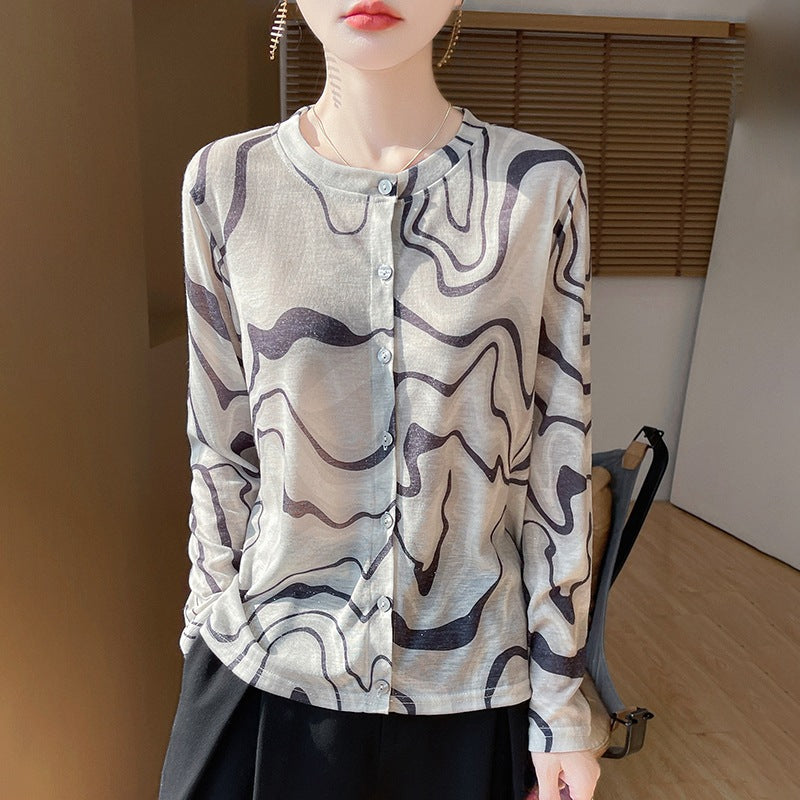 Damen Leichter Aquarell‑Print Feinstrick‑Cardigan mit Rundhalsausschnitt und Knopfleiste Shop Nory