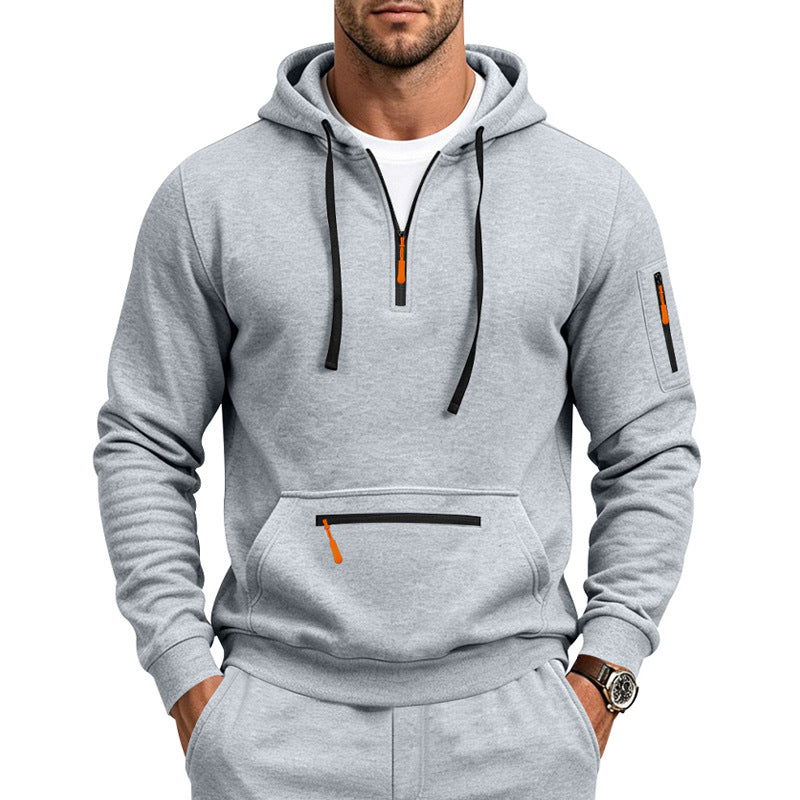 Herren Kapuzen-Sweatshirt mit Half-Zip, Kängurutasche und Reißverschlusstaschen Shop Nory
