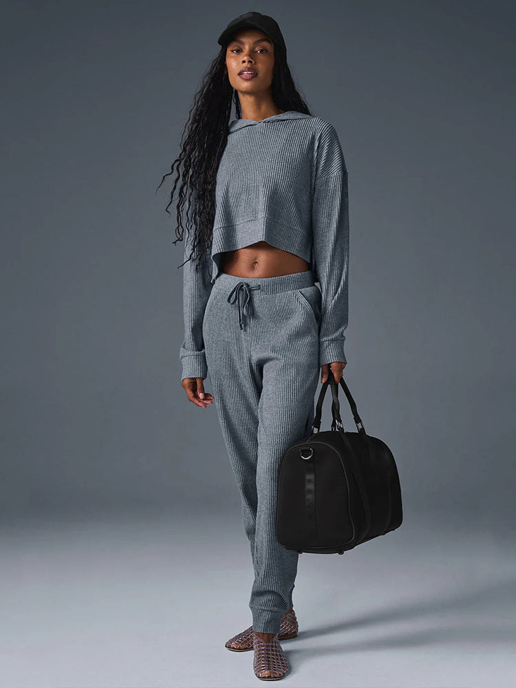 Damen Gerippte High‑Waist Loungehose mit Kordelzug und Bündchen Shop Nory