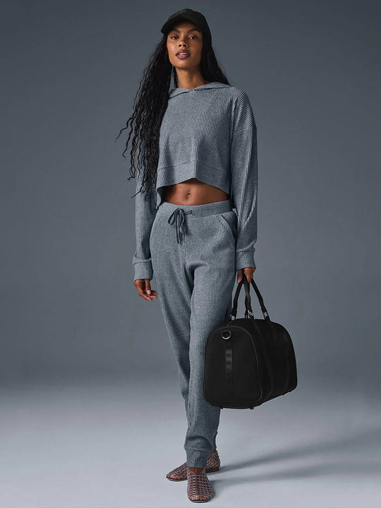 Damen Gerippte High‑Waist Loungehose mit Kordelzug und Bündchen Shop Nory