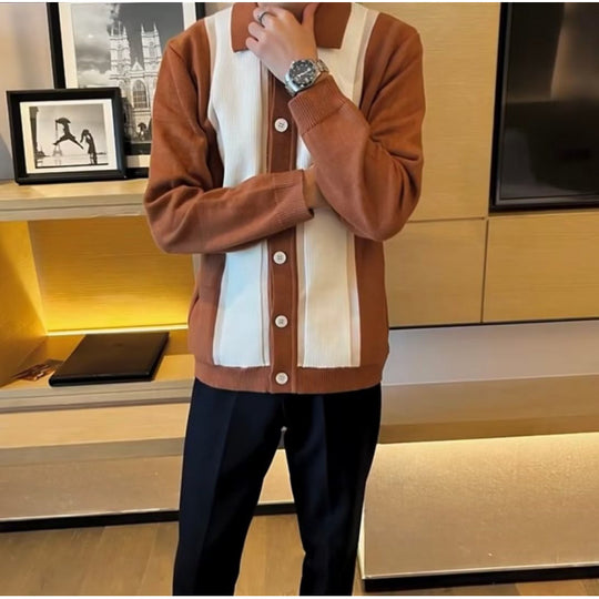 Damen Feinstrick-Cardigan mit Polokragen, kontrastierenden Rippeinsätzen und durchgehender Knopfleiste Shop Nory