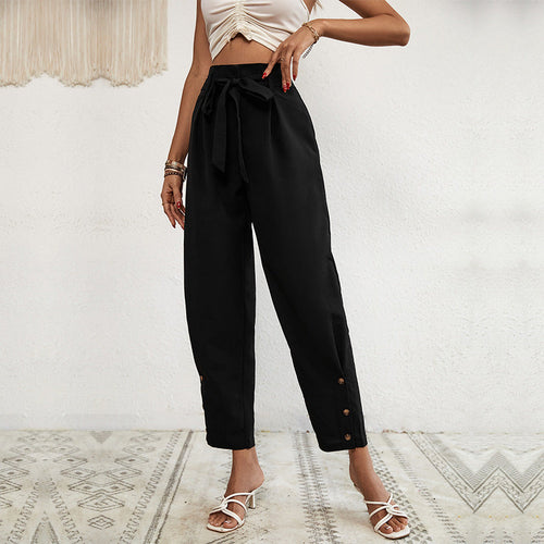 Damen Hochtaillierte Paperbag-Hose mit Bindegürtel, tapered Bein und Zierknopfleiste Shop Nory