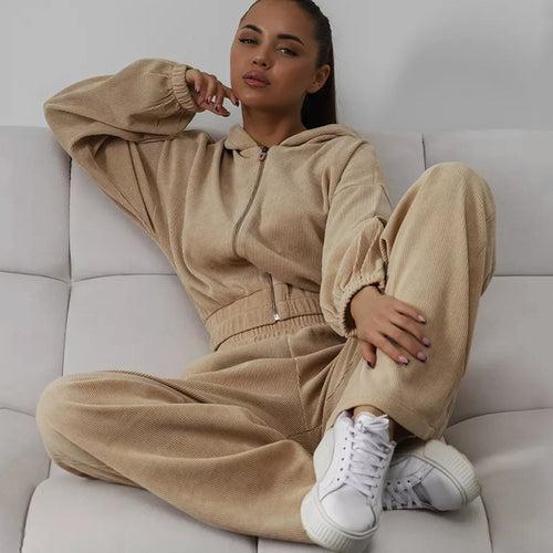 Damen Velours-Loungewear-Set mit kurzem Reißverschluss-Hoodie und weiter hochgeschnittener Palazzohose Shop Nory