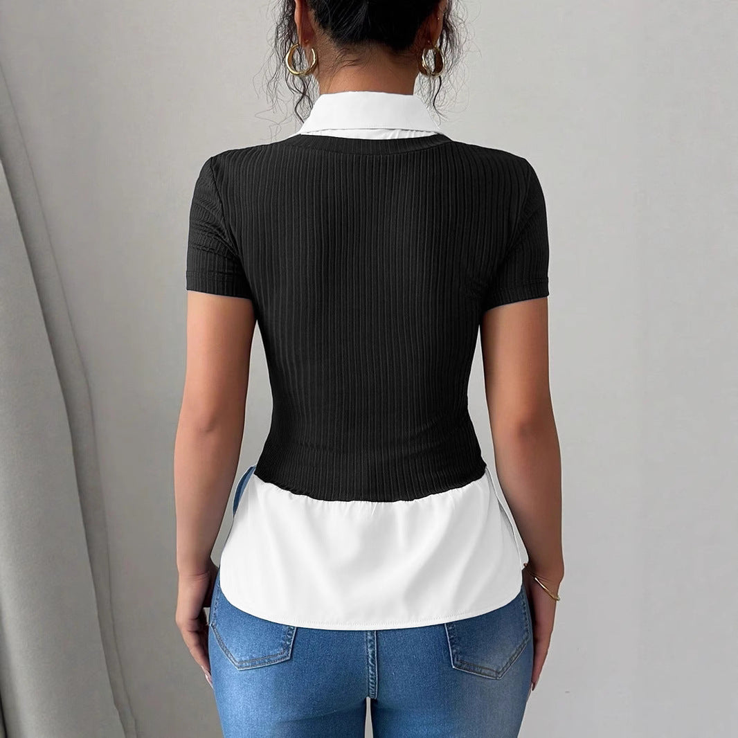Damen Kurzärmeliges Layering-Top mit Fake-Hemdkragen und Rippstrickkörper Shop Nory