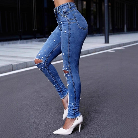 Damen Perlenverzierte High‑Waist Skinny‑Jeans mit Sculpting‑Passform Shop Nory