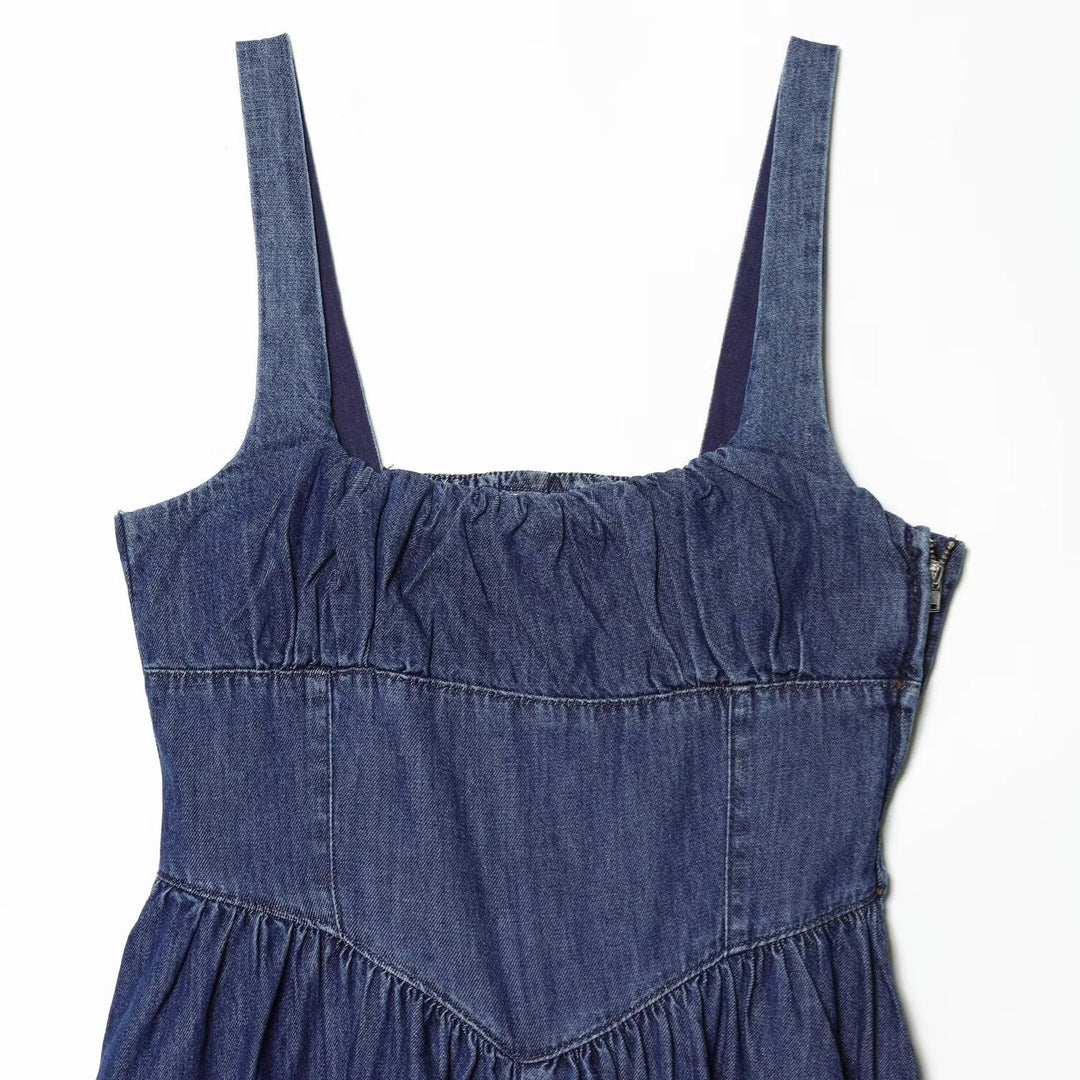 Damen Denim Maxikleid mit schwingendem Rock und verstellbaren Trägern