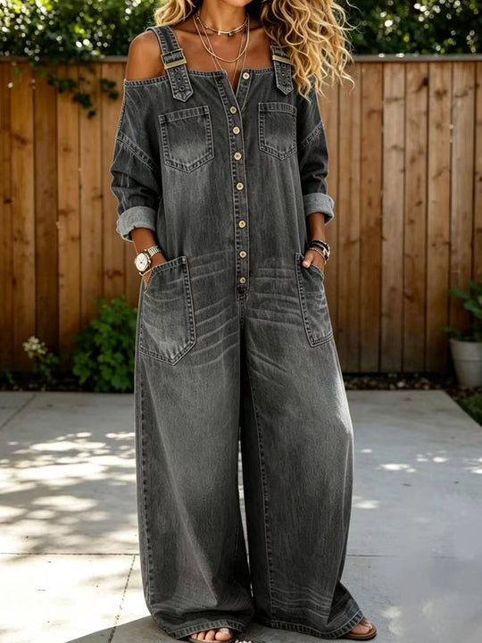 Damen Modischer Denim-Overall mit Off-Shoulder Design