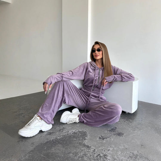 Damen Velours-Lounge-Set mit Cropped Kapuzenjacke und High-Waist weitem Bein Shop Nory