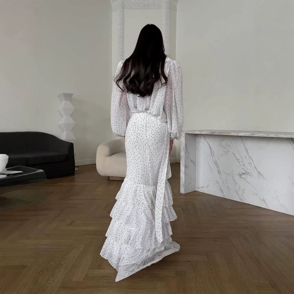 Damen Maxikleid aus Chiffon mit Wickeloberteil, Schluppe und gestuftem Volant‑Rock Shop Nory