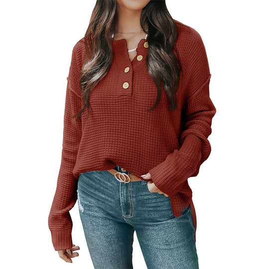 Damen nan lockerer Waffelstruktur Henley Pullover mit Knopfleiste und überschnittener Schulter Shop Nory