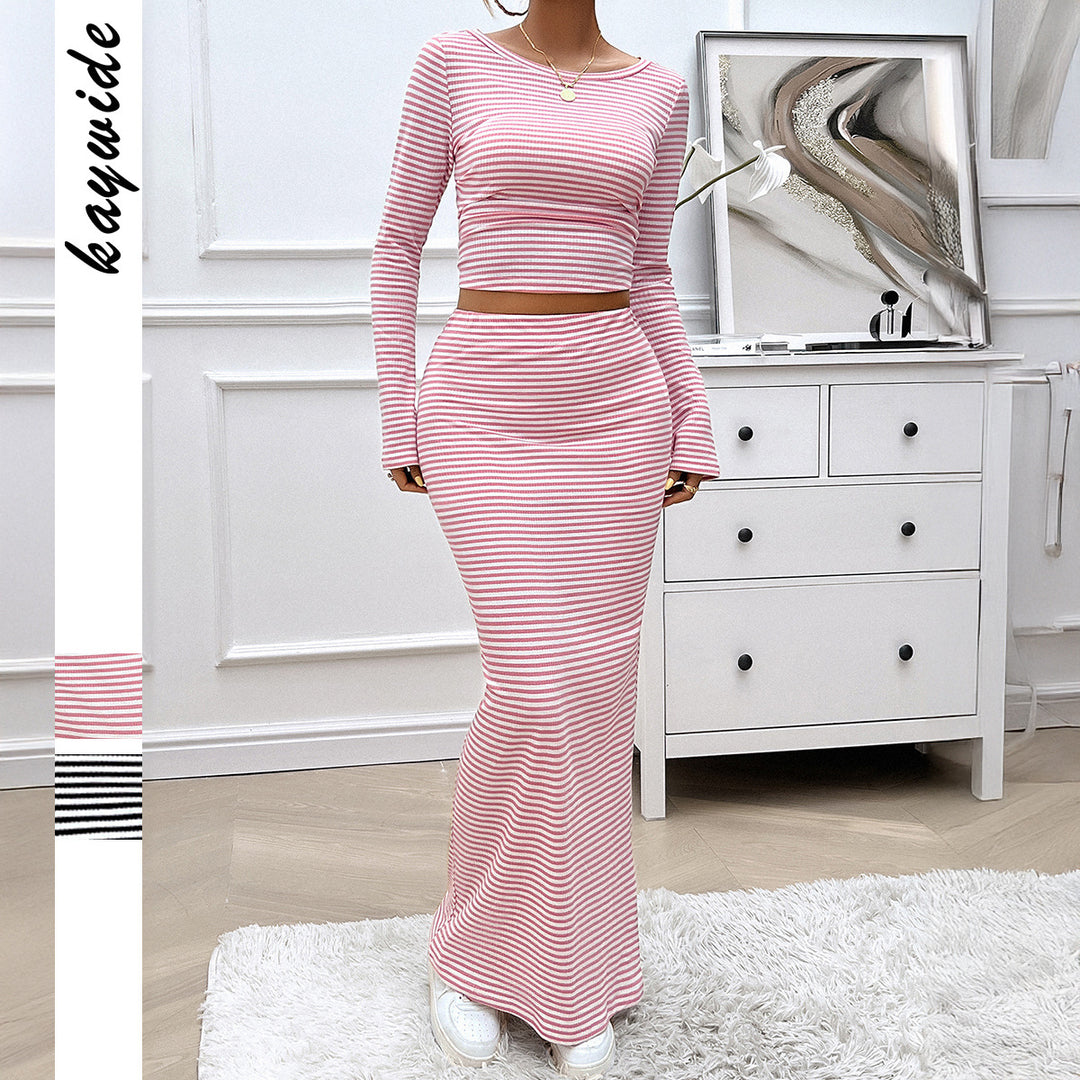 Damen nan gestreiftes zweiteiliges Bodycon-Set mit Langarm-Crop-Top und tailliertem Maxirock Shop Nory