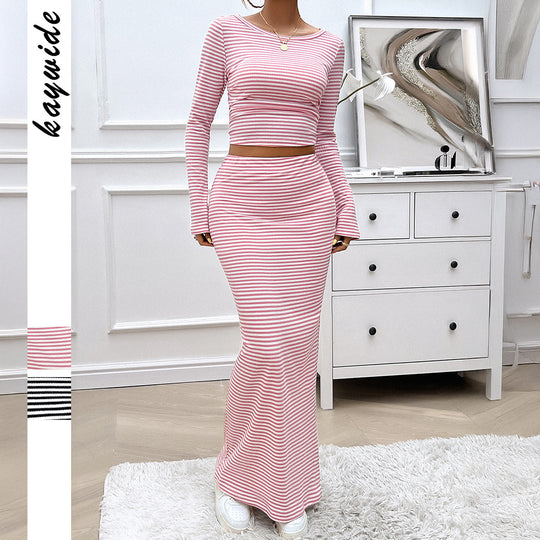 Damen nan gestreiftes zweiteiliges Bodycon-Set mit Langarm-Crop-Top und tailliertem Maxirock Shop Nory