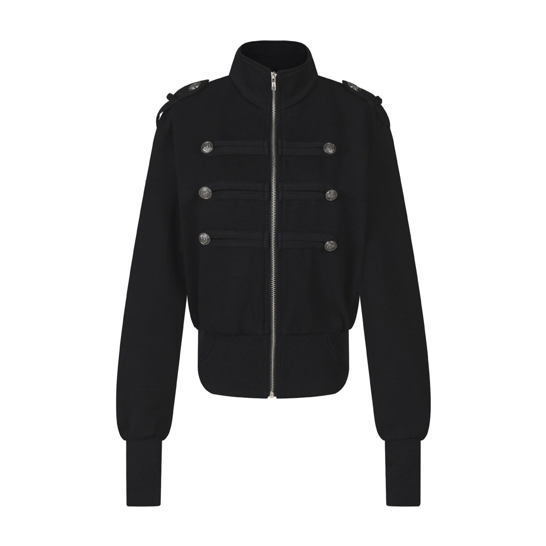 Damen Kurze Sweatjacke im Military‑Style mit Stehkragen und Zierpatten Shop Nory