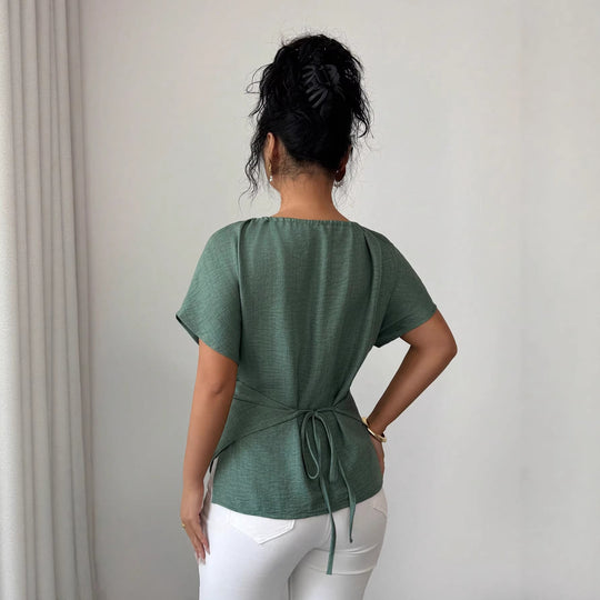 Damen Tailliertes Leinenoptik-Top mit Schlüsselöffnung, Perlen-Detail und Drapierung Shop Nory