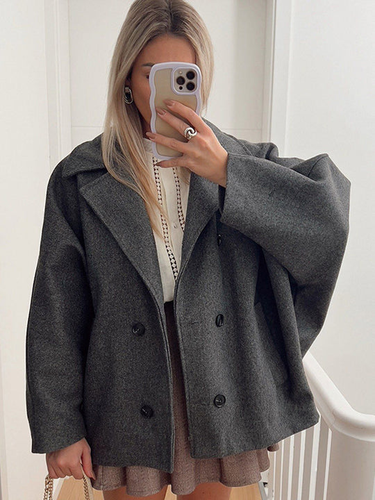 Damen Boxy-Wollmix-Cocoon-Jacke mit doppelreihiger Knopfleiste und weitem Revers Shop Nory