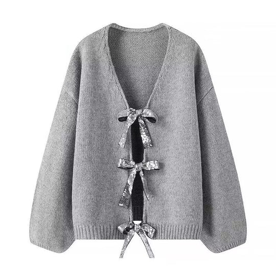 Damen Strickcardigan mit V-Ausschnitt und dreifachen Pailletten‑Schleifen Shop Nory