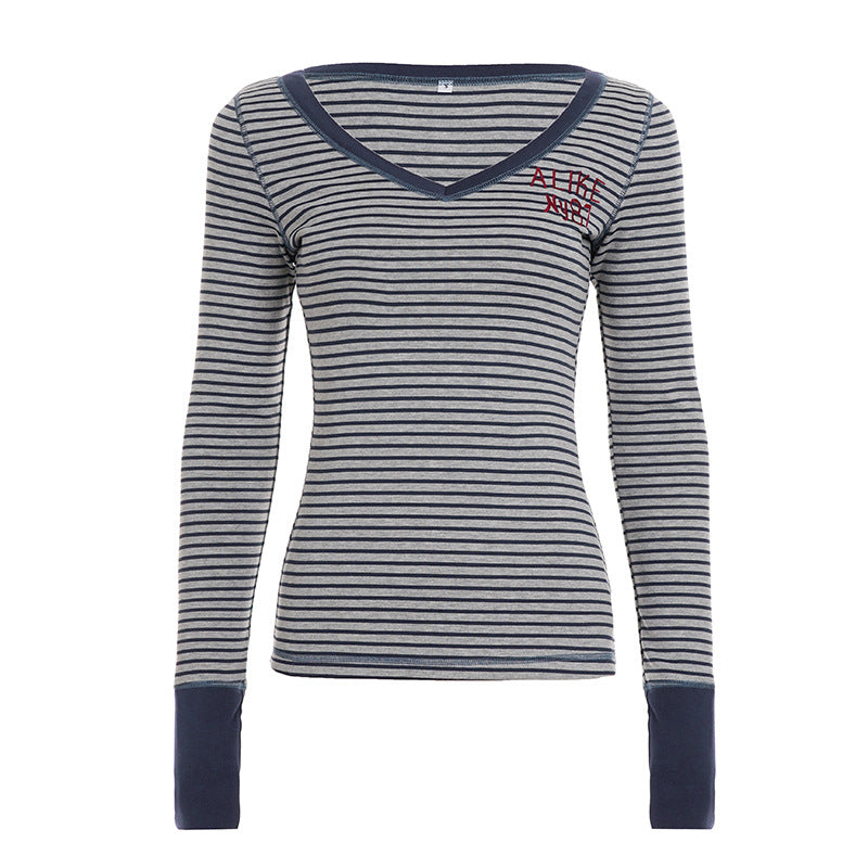 Damen nan gestreiftes V‑Ausschnitt Longsleeve mit taillierter Silhouette und verlängerten Bündchen Shop Nory