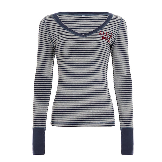 Damen nan gestreiftes V‑Ausschnitt Longsleeve mit taillierter Silhouette und verlängerten Bündchen Shop Nory