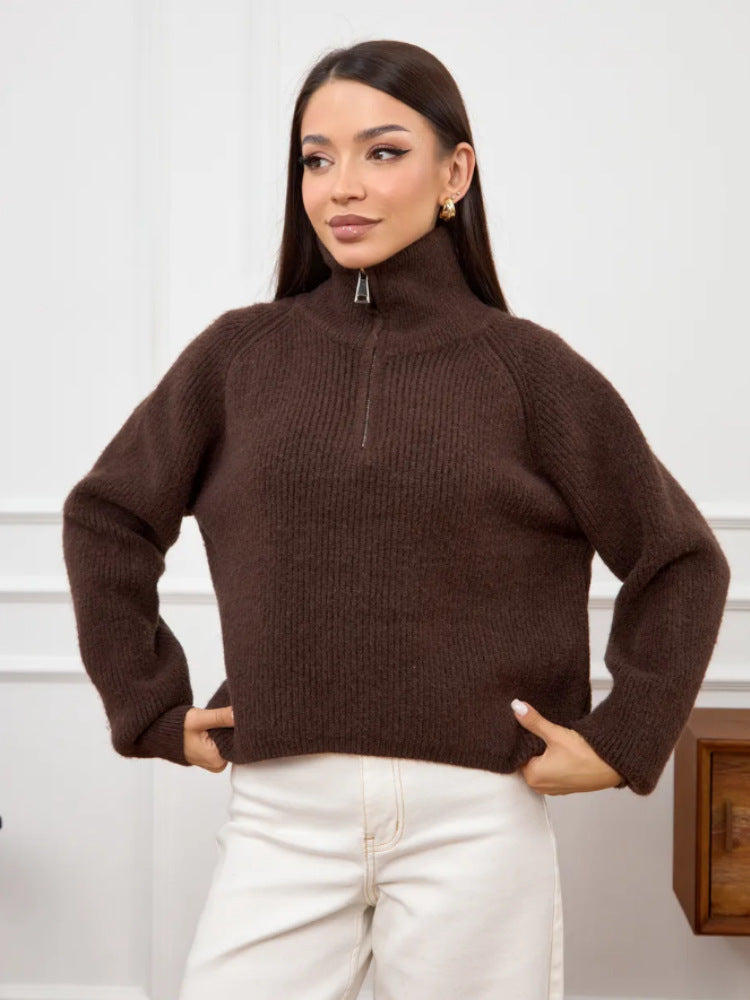 Damen Modischer Strickpullover mit Stehkragen und kurzer Reißverschluss Shop Nory