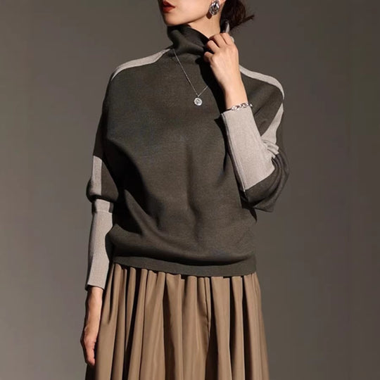 Damen Rollkragen-Feinstrickpullover mit weiten Raglanärmeln und Kontraststreifen Shop Nory