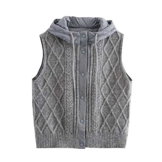 Damen Strickweste mit wattierter Kapuze, Stehkragen und Zopfmuster Shop Nory