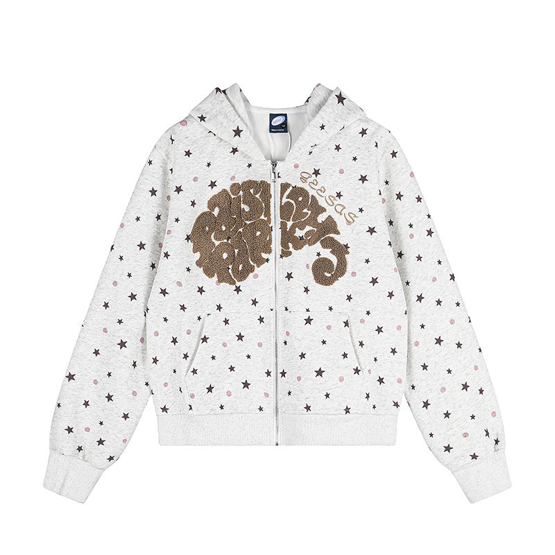 Damen Kapuzen-Sweatjacke mit Sternen‑Allover, Struktur-French-Terry und funkelnder Frontapplikation Shop Nory