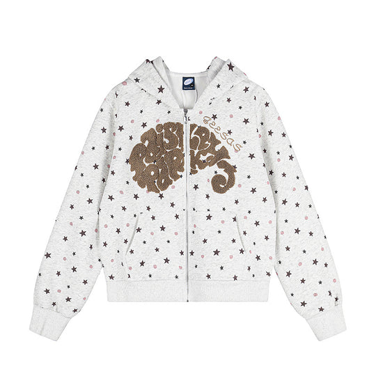 Damen Kapuzen-Sweatjacke mit Sternen‑Allover, Struktur-French-Terry und funkelnder Frontapplikation Shop Nory