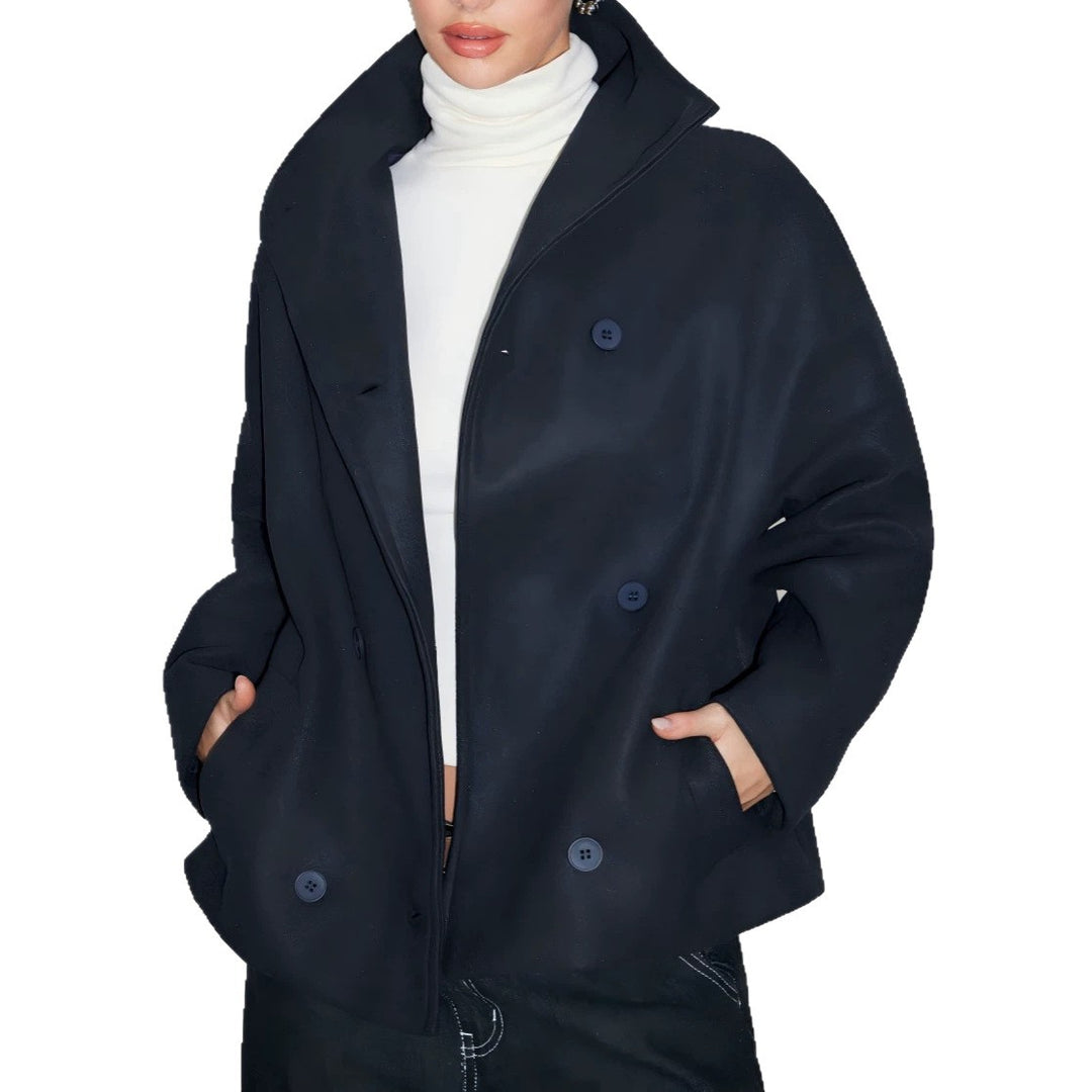 Damen Doppelreihiger Kurzmantel mit Stehkragen, überschnittener Schulter und klarer Boxy-Silhouette Shop Nory