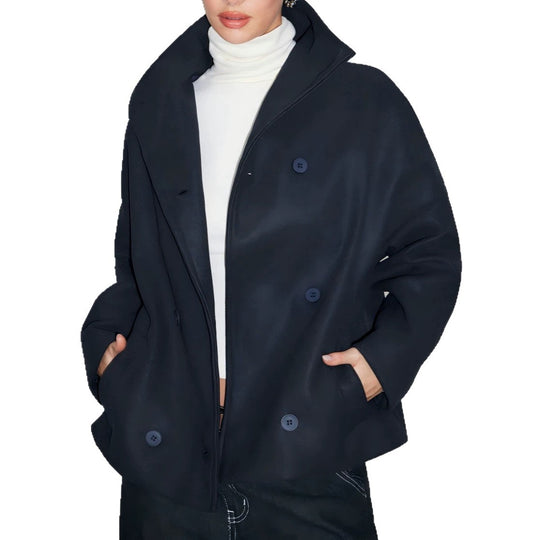 Damen Doppelreihiger Kurzmantel mit Stehkragen, überschnittener Schulter und klarer Boxy-Silhouette Shop Nory