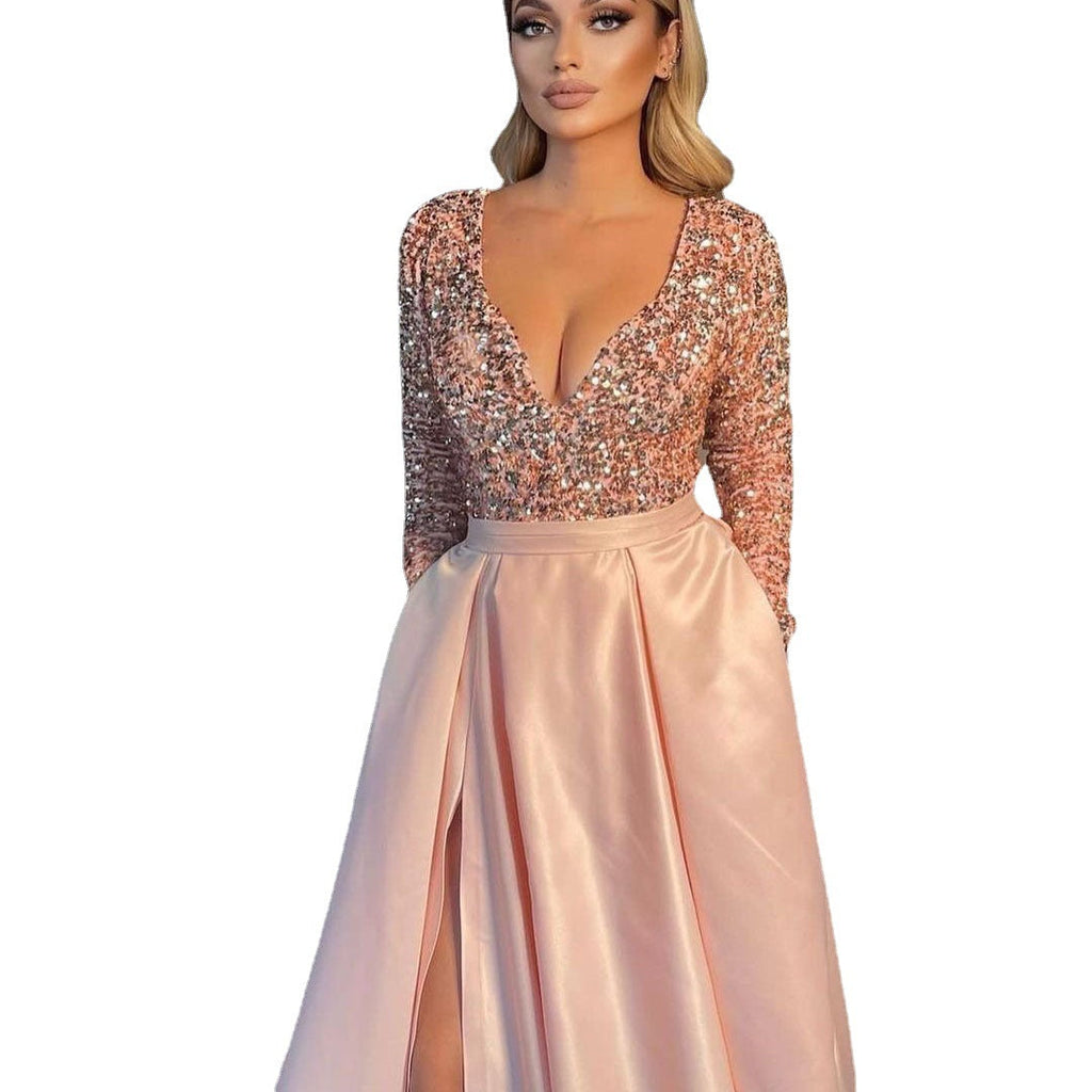 Damen Glamouröses Abendkleid mit tiefem V-Ausschnitt und schimmernden Pailletten