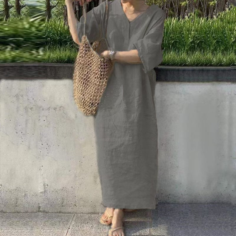 Damen Lässiges Leinen-Maxikleid mit V-Ausschnitt und Oversize-Relax-Fit Shop Nory