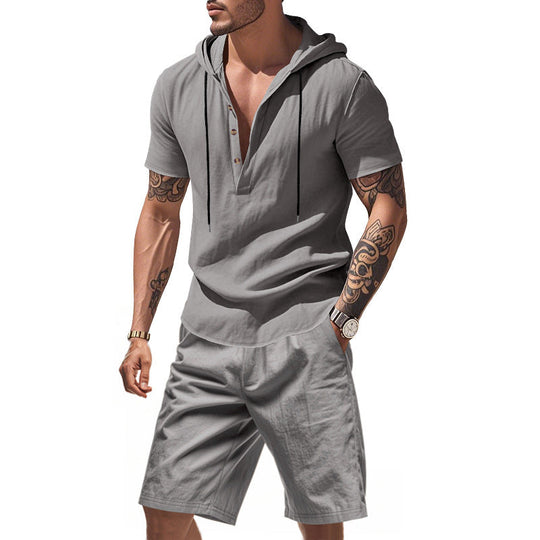Herren lässiges Kurzarmhemd mit Kapuze und Shorts