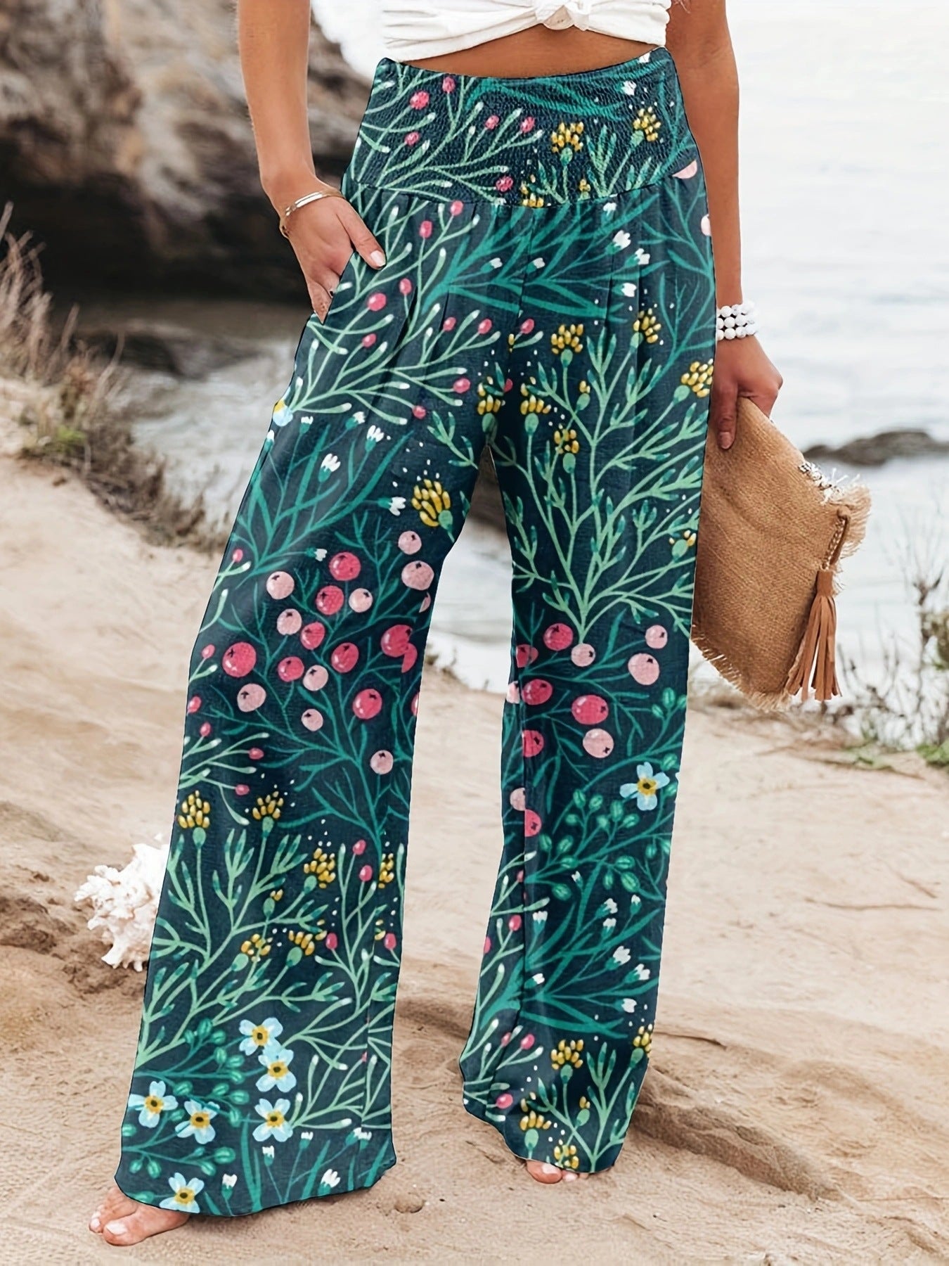 Damen Weit geschnittene Strandhose mit floralem Motiven und elastischem Bund