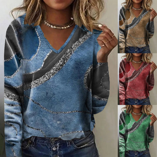 Damen V-Ausschnitt Langarmshirt mit modernem Wellendesign