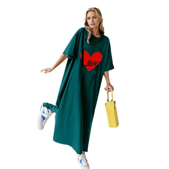 Damen nan locker geschnittenes Maxikleid mit großem Herzgrafikprint und Rundhalsausschnitt Shop Nory